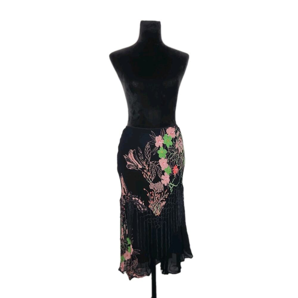 Vtg Starina Piano Fringe Beaded Floral A Line Midi Skirt Sz XL Fairy Whimsical - Picture 4 of 9